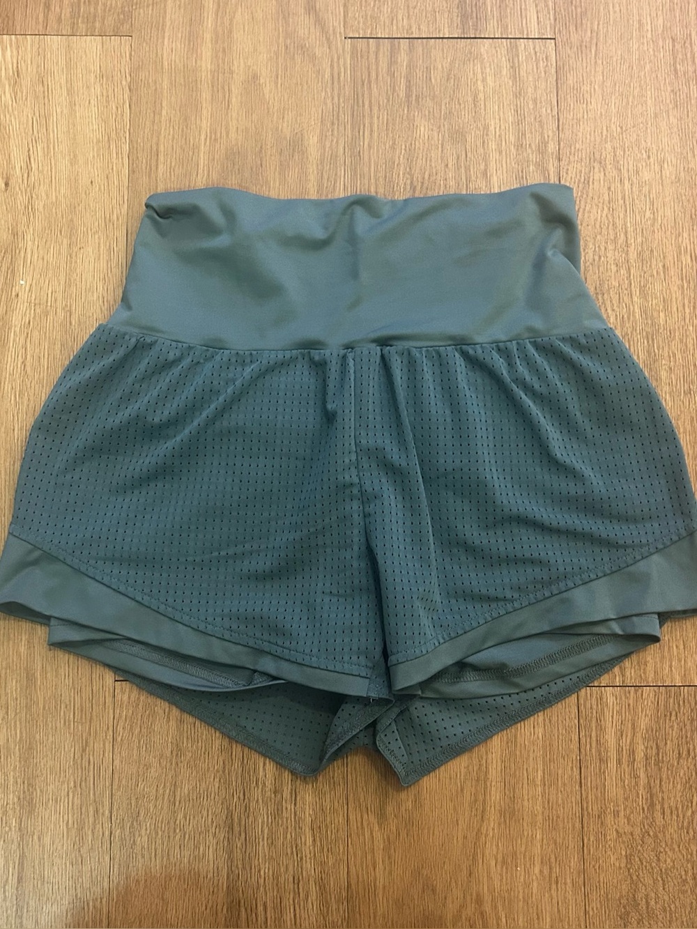 Dark Green Mesh Overlay High Waisted Athletic Running Shorts